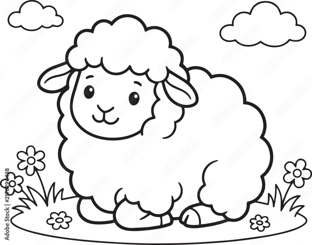 Obraz premium Cute little sheep sitting in a meadow with flowers and clouds for kids coloring page