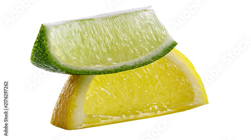 Fresh green lime and yellow lemon wedges stacked together