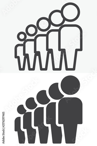 Crowd people icon set with line outline and solid figures arranged by increasing size. Vector icon in different style, editable stroke sign and symbol for queue or team.