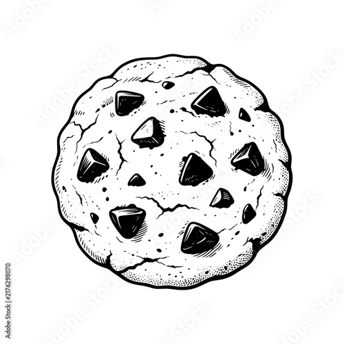 Classic American chocolate chip cookie vector featuring a homemade round cookie with chocolate chips, suitable for bakery, dessert, snack and cafe designs.