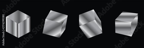 3d metal cubes set isolated on light background. Render a rotating chrome steel box with different angles in perspective with lighting and shadow. Realistic vector geometric shapes.