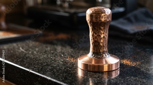 Coffee tamper metal tool standing on a dark glossy bar counter inside a professional cafe setting with warm lighting reflecting off polished copper surfaces and equipment nearby