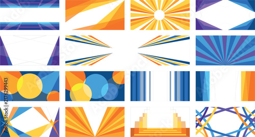 Abstract colorful geometric background templates set with sunburst stripes and bokeh layouts vector