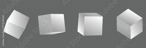 3d metal cubes set isolated on light background. Render a rotating chrome steel box with different angles in perspective with lighting and shadow. Realistic vector geometric shapes.