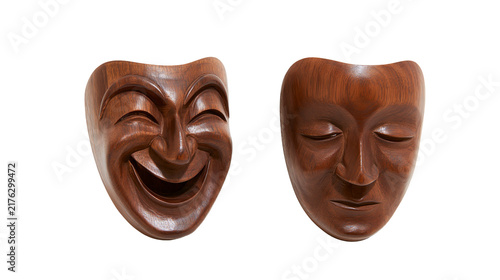 Canvastavla Hand carved wooden theater masks representing comedy and tragedy expressions