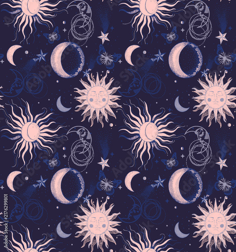 Принти на полотні Seamless celestial pattern with sun, moon, stars, and butterflies on a dark blue