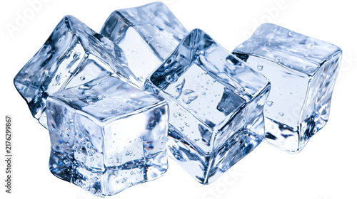 Photography Clear frozen water ice cubes with small air bubbles and melting water droplets