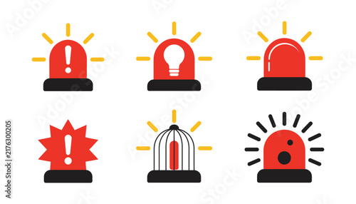 Red emergency siren icons, police, ambulance, fire truck, security alarm systems, warning, alert, rescue, emergency response, safety, vector design.