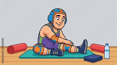 Vector cartoon of a male wrestler mascot in a purple singlet and protective headgear performing seated leg stretches on a gym mat with a water bottle and foam rollers nearby.