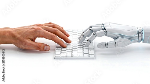 Fototapeta kuchenna Human and robotic hands using a keyboard to represent artificial intelligence and technological collaboration