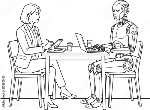 Business woman and robot sitting at table with laptop