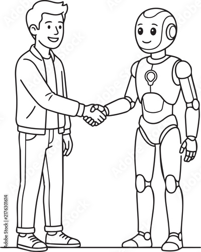 Young man shaking hands with a friendly robot character