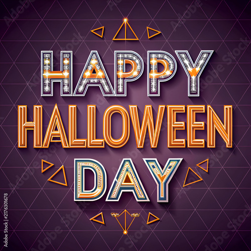 Happy Halloween Day graphic design in a modern. geometric style. Typography with a vintage. retro. and decorative aesthetic. placed on a purple background with a repeating geometric pattern.