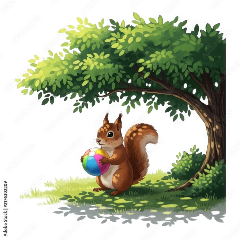 Naklejka premium Cute squirrel holding a colorful easter egg under a lush green tree on a sunny day