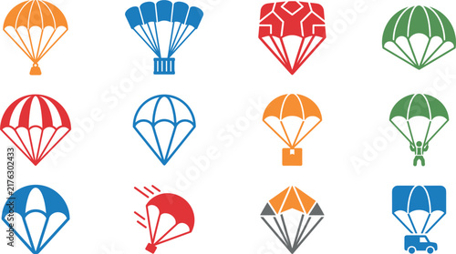 Parachute skydiving and air delivery flat vector icon set with diverse cargo drop and extreme sport symbols