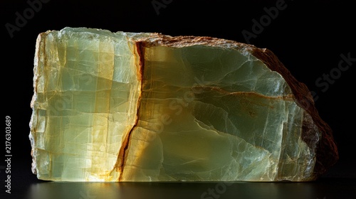 Plakat w ramie A green calcite slab is backlit to show its translucent qualities. It glows against a dark backdrop, providing space for text.