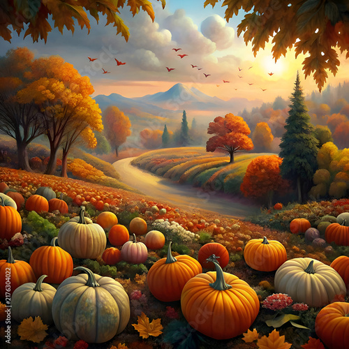 Autumnal pumpkin patch with winding road and colorful trees; picturesque fall scene with vibrant colors and pumpkins.