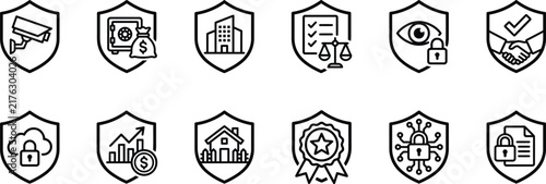 Security shield line icon set for data protection and cyber privacy