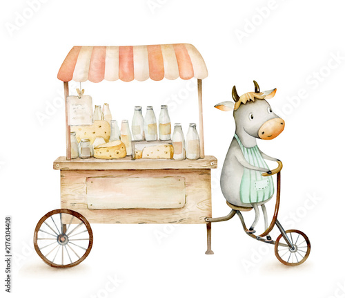 Watercolor nursery Cute farm baby cow driving a milk truck. Colorful hand drawn trendy illustration isolated on white background Animal in the town for baby shower