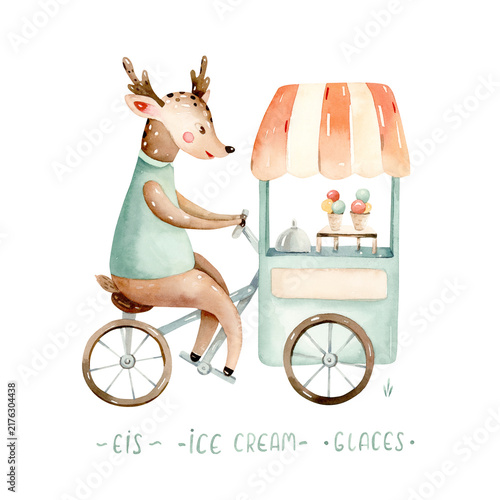 Watercolor nursery Cute Woodland hbaby fawn driving a pink ice cream truck. Colorful hand drawn trendy illustration isolated on white background Animal in the town for baby shower