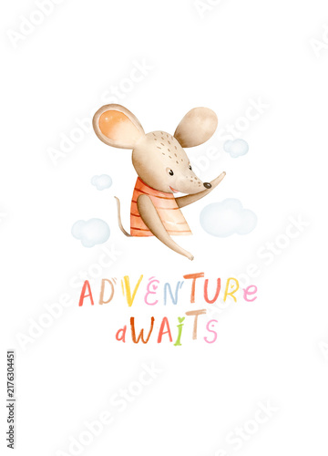 Watercolor hand-drawn whimsical illustration of mouse in the clouds with affirmation adventure awaits. Ready for print poster for nursery