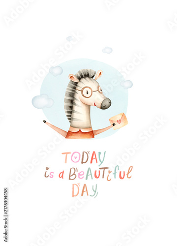 Watercolor hand-drawn whimsical illustration of zebra in the clouds with affirmation today is a beautiful day. Ready for print poster for nursery