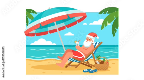 Vector illustration of Santa Claus relaxing in a deck chair under a beach umbrella on a tropical coast with palm trees, a fruit basket, and a drink, white background border.