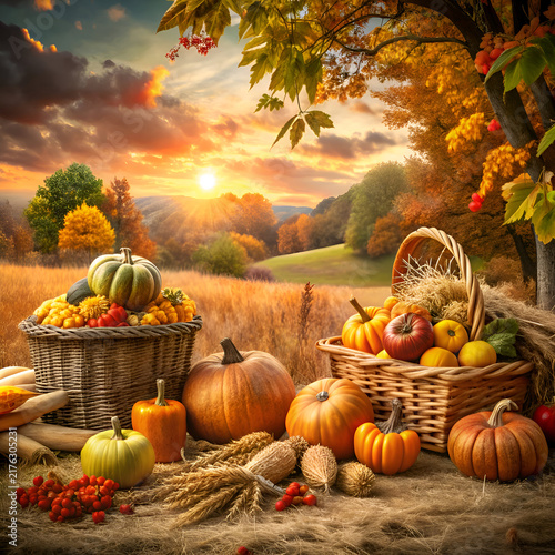 Autumn harvest display with various pumpkins and gourds in a rustic setting. Abundant fall produce in woven baskets and on a hay-covered table with a backdrop of a golden autumn landscape at sunset.
