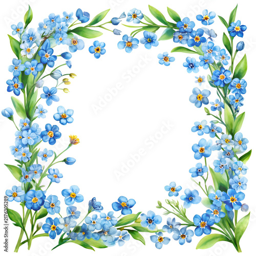 Watercolor forget-me-not floral corner border design. Delicate arrangement of blue forget-me-not flowers and green leaves in a decorative corner frame.