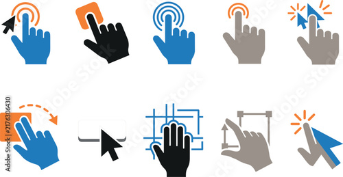 Hands holding touchscreen gestures and mouse cursor click flat vector icon set isolated on white background