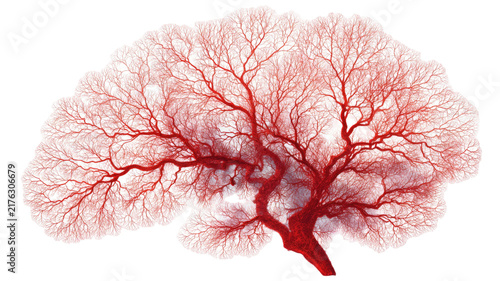 Detailed Human Brain Anatomy with Extensive Red Blood Vessel Network and Cerebral Arteries on transparent background