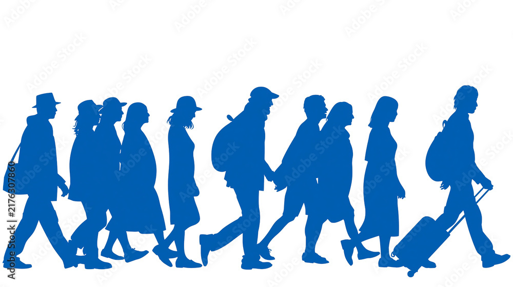 Obraz premium Blue silhouettes of diverse people walking together with luggage and backpacks