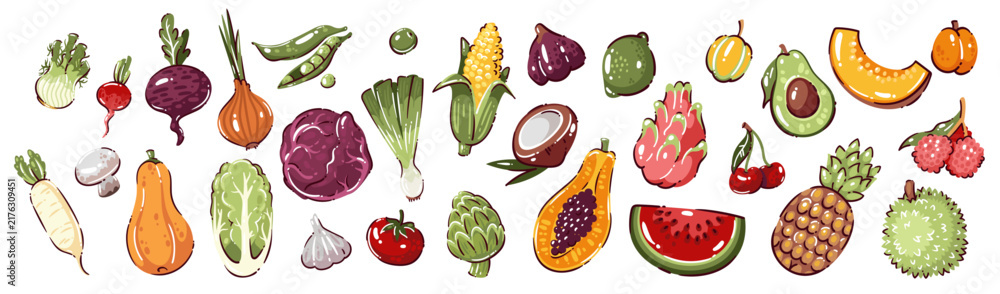 Obraz premium Fruit and vegetable set with colorful produce, tropical fruits, roots, greens and berries. Food packaging, menu and market design with fruit and vegetable set, hand drawn vector illustration.