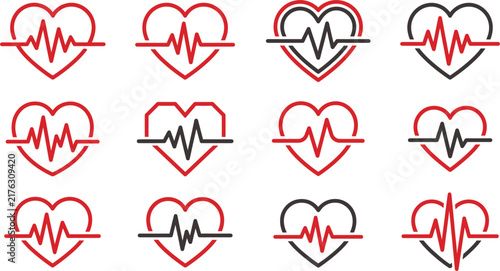Heartbeat and pulse rate line icon set with diverse red and black ecg heart rate monitor lines