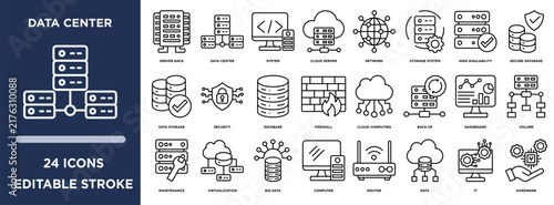 Data center line icons set with server, backend, data center, system, cloud server, network concepts. Editable stroke vector collection.	

