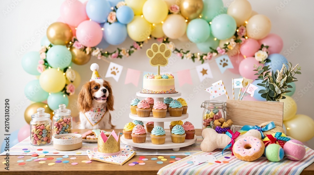 Fototapeta premium Colorful pastel balloon backdrop with dessert table and whimsical unicorn cake display