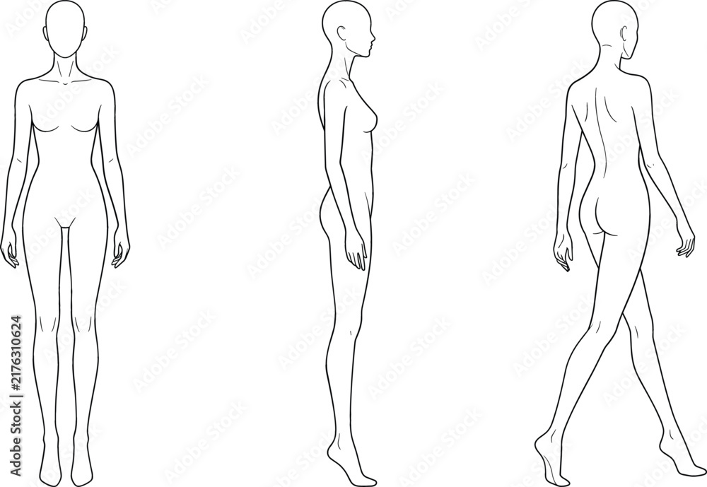 Obraz premium Female fashion croquis vector figure template set featuring front side and walking back views for apparel design sketches