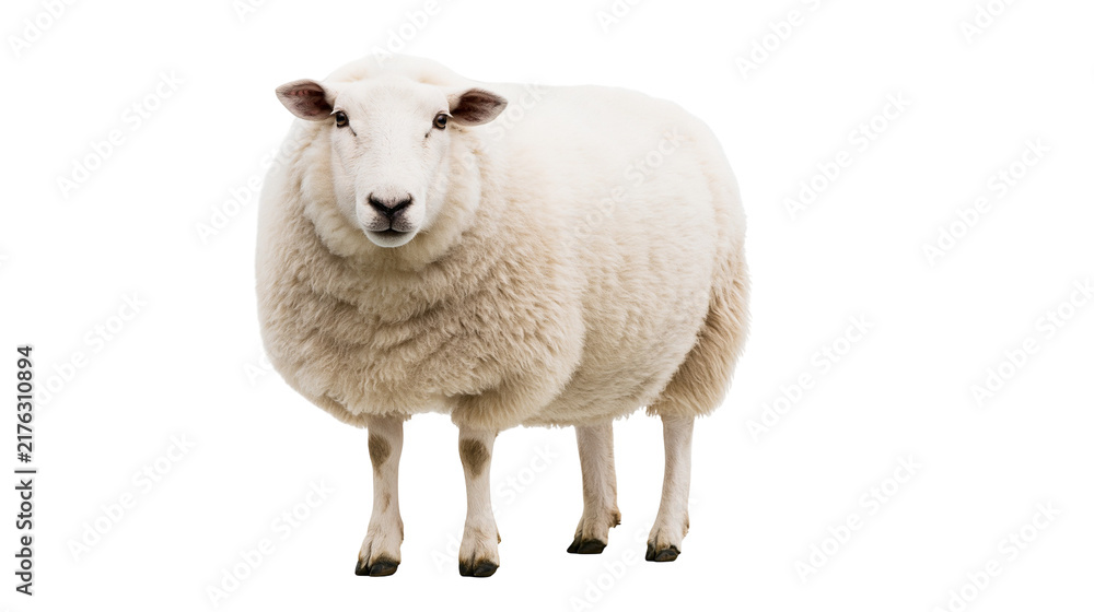 Fototapeta premium Fluffy white sheep standing and looking forward