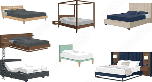 фотографія Modern bed collection vector set featuring canopy adjustable platform and uphols