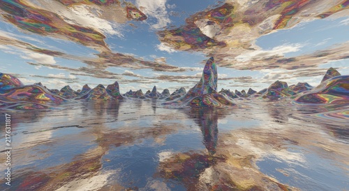 Surreal landscape with reflection and clouds.