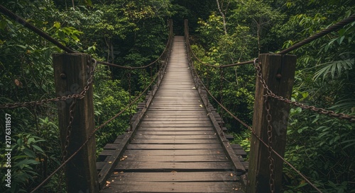Suspension Bridge in Lush Forest Canopy.