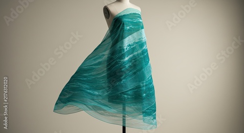 Teal evening gown on mannequin.