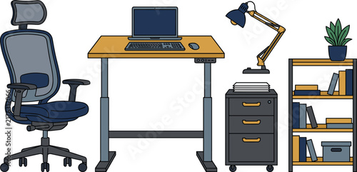 Modern home office workspace set with ergonomic chair standing desk storage cabinet and bookshelf vector illustration