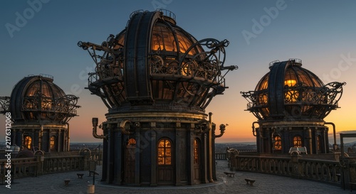 Three futuristic observatory domes at sunset.