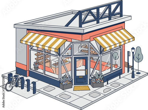 Modern isometric bakery shop building illustration on city street corner with cafe storefront and bicycle rack