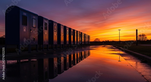 Train on railroad tracks at sunset.