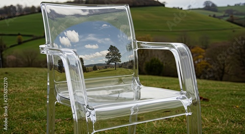 Transparent chair in green field landscape.