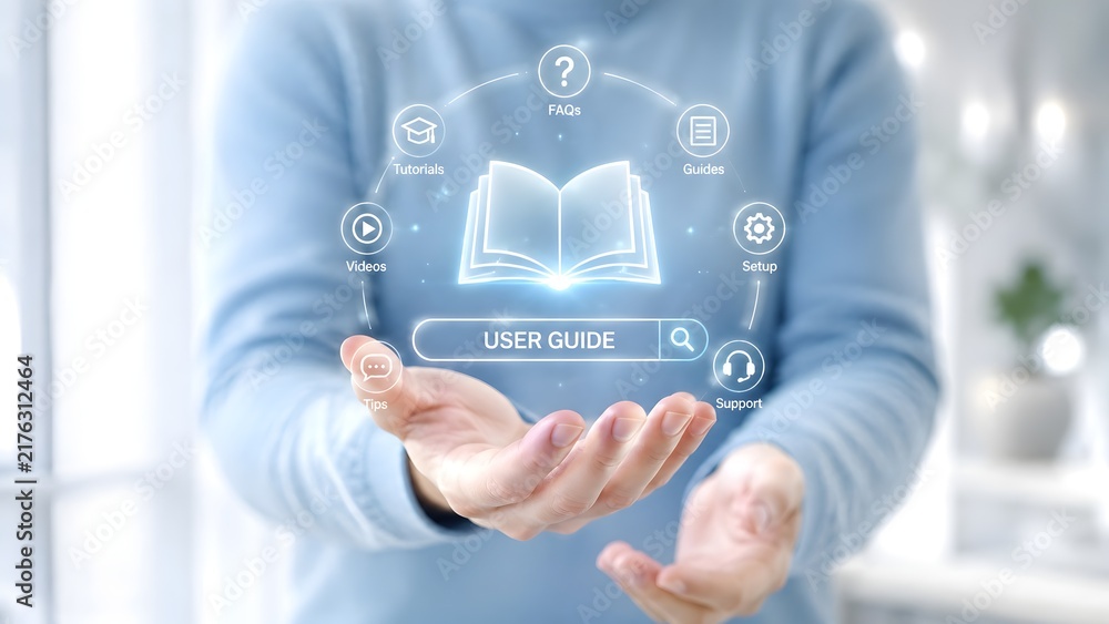 Obraz premium Comprehensive Digital User Guide and Help Center Interface Hovering Over Hands with Support Icons