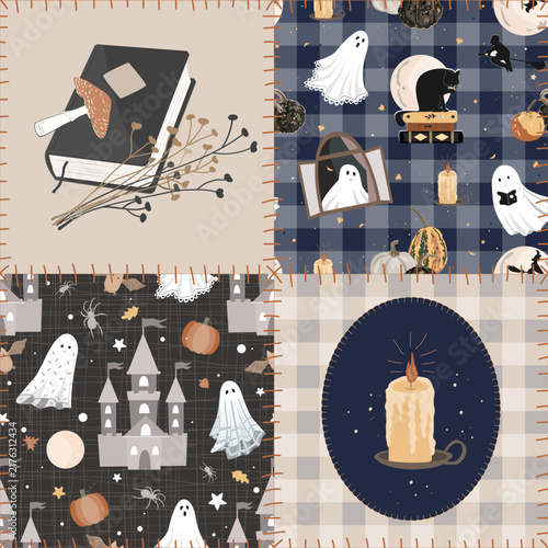 Seamless Halloween patchwork pattern with cute ghosts, candles, magic book, and gourds. Cute and cozy Halloween background. Vector illustration.