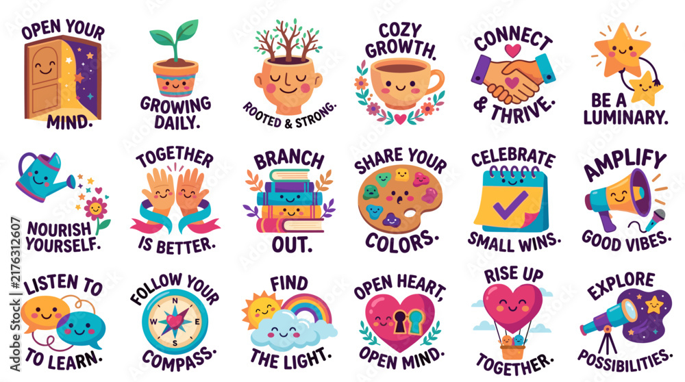 Fototapeta premium Collection of cute motivational stickers with inspirational quotes and kawaii cartoon characters